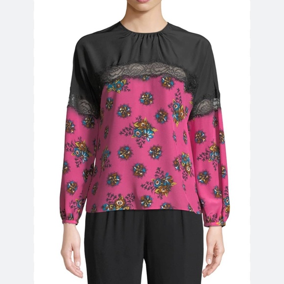 Red Valentino silk print lace trim blouse with back button worn once - Picture 3 of 8